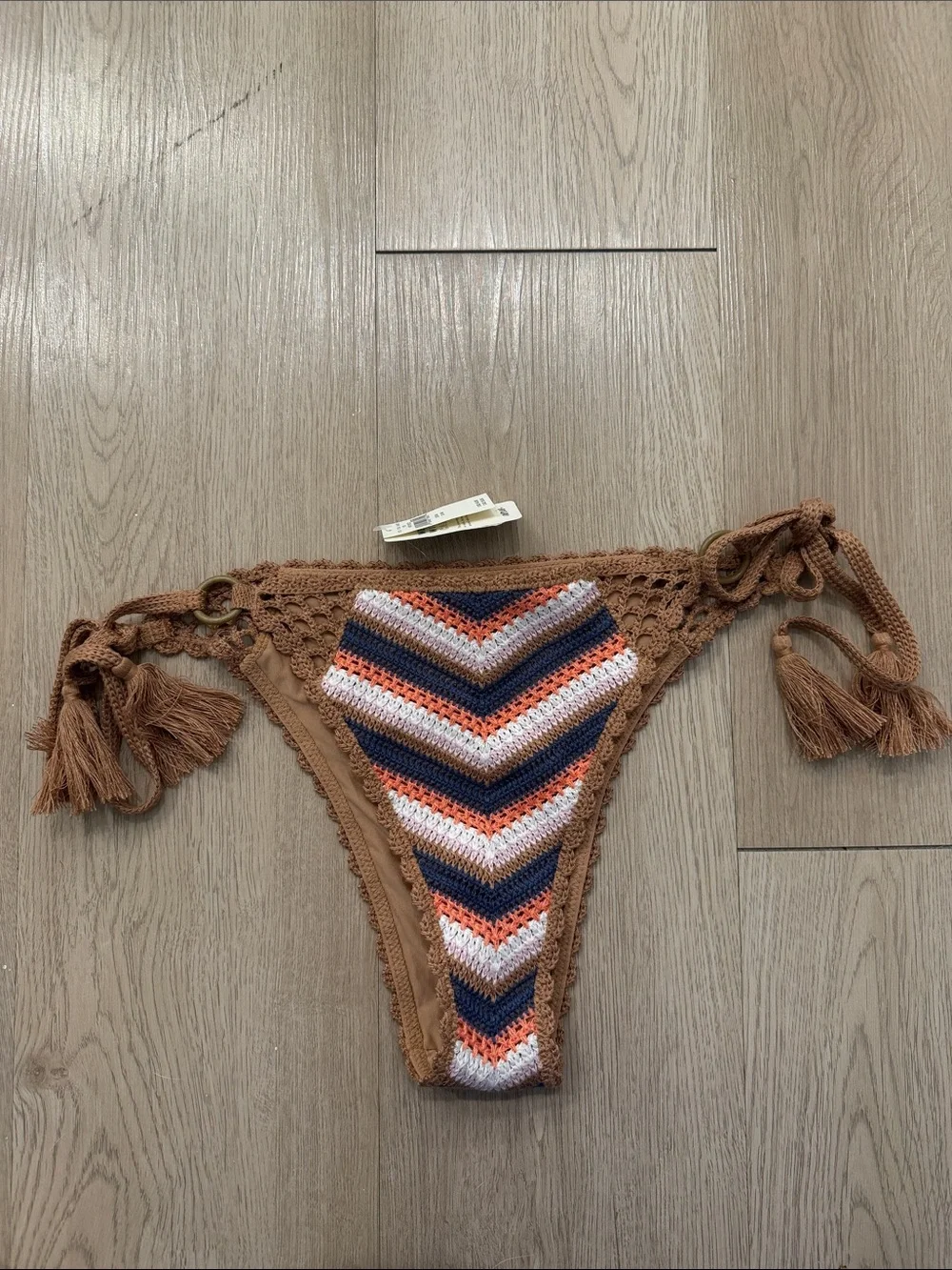 aerie Crochet Tie-Side Bikini Bottom in Brown, Navy, White, and Orange